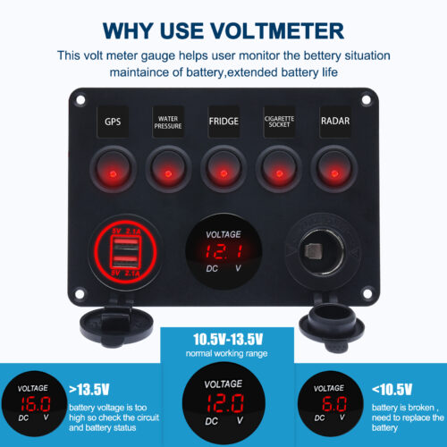 Car And Boat LED Rocker Switch Panel With Digital Voltmeter Dual USB Port 12V Waterproof Switches 3