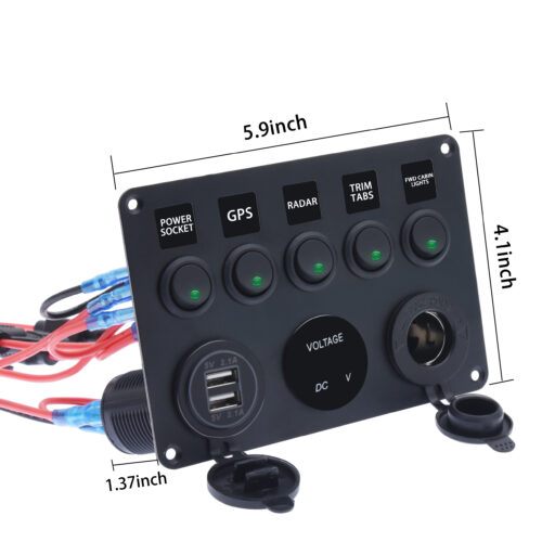 Car And Boat LED Rocker Switch Panel With Digital Voltmeter Dual USB Port 12V Waterproof Switches 4